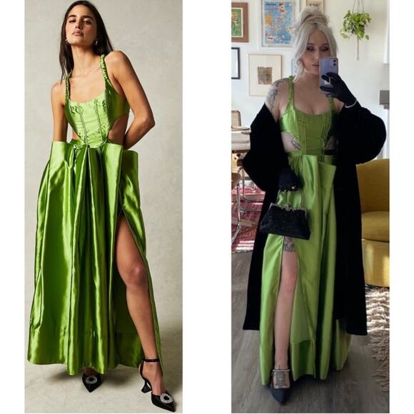 For Love & Lemons Virginia Pleated Cutout Satin Green Maxi Dress Sz XS - Picture 2 of 14